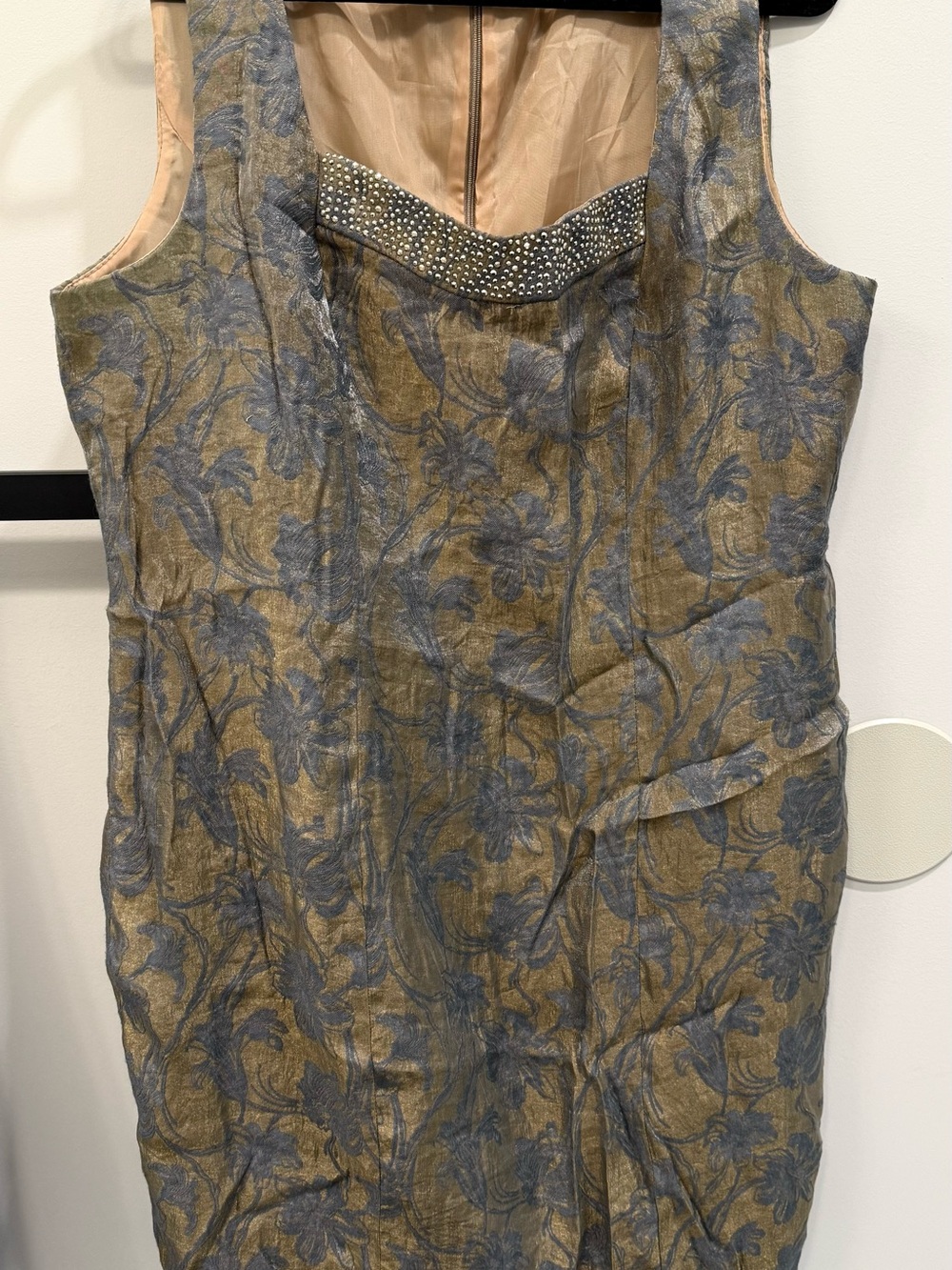 Coldwater Creek Blue Floral Brocade Dress with Beaded Neckline